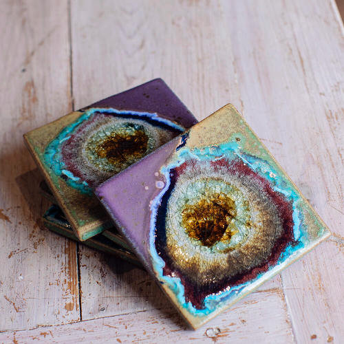 KB-655 Coasters Set of 4 Purple & Green $45 at Hunter Wolff Gallery